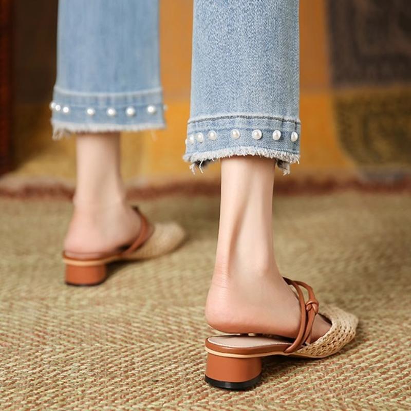 2025 New Vintage Woven 1 Slip-on Toe Half Slippers Women's New Outwear French Fairy Style Thick Heel Holiday Shoes