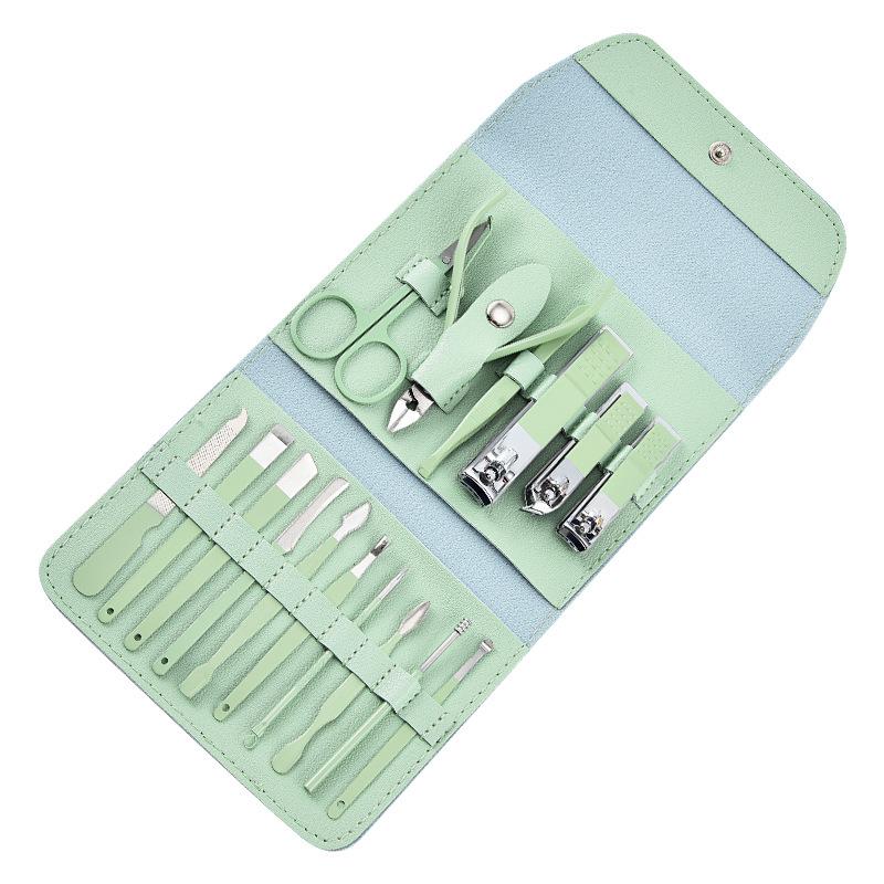 16-Piece Green Manicure Nail Art Set with Nail Clippers for Home Use