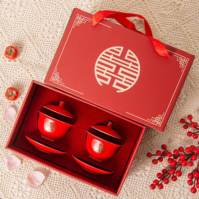 

Chinese style wedding happy event change mouth teacup tie the knot ceramic dowry cup wedding gift ceramic cover bowl