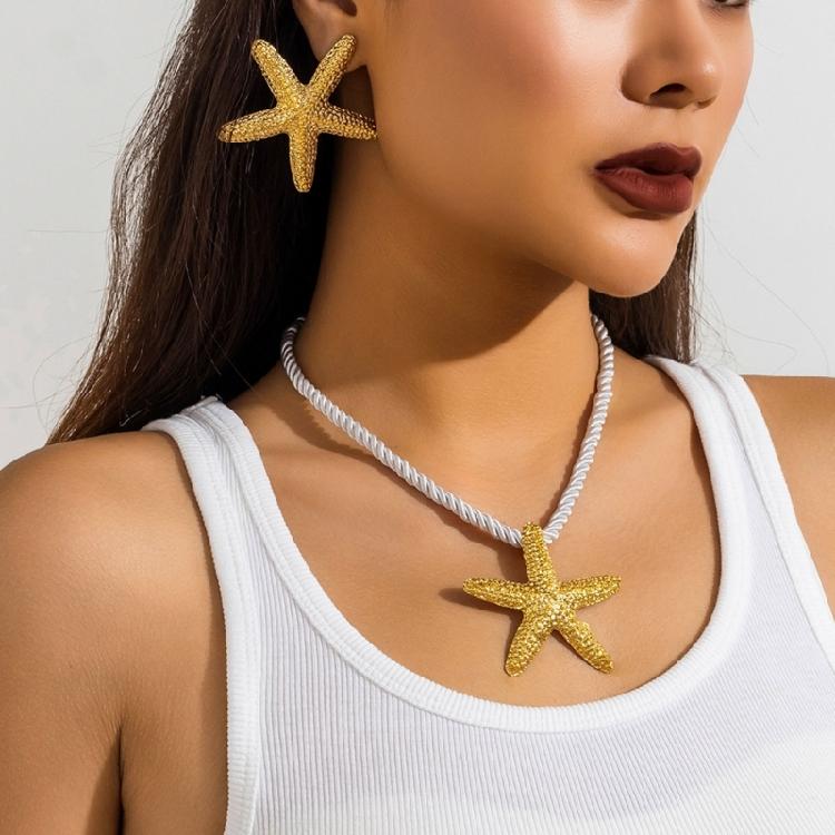 Beach Starfish Pendant Necklace Fashion Stud Earring Jewelry Clavicle Chain