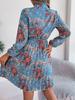 Elegant Floral Lace Up Waist Long Sleeve Pleated Midi Dress For Women