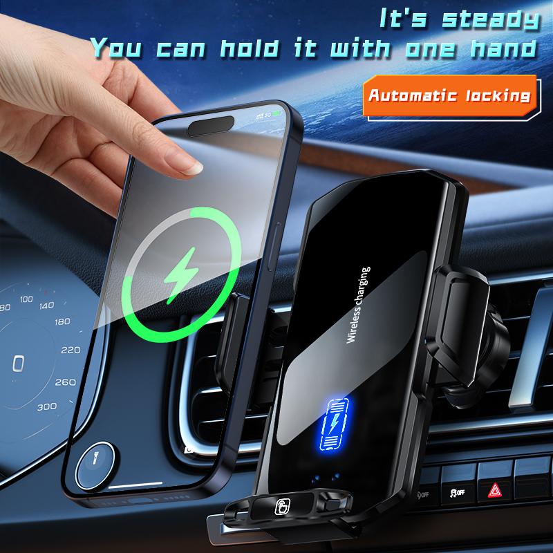 Wireless Car Phone Holder Stand 15W Fast Charge Touch Control Air Vent Phone Bracket Tempered Glass Panel for iPhone Android