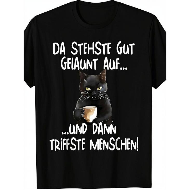Men's Black Short Sleeve Crew Neck T-shirt with Funny German Cat Graphic Holding Coffee Cup, Soft Cotton Feel, Casual Daily Wear for Cat Lovers