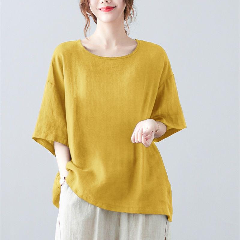Casual Artistic Cotton Linen Women's T-Shirt Short Sleeves Vintage Top for Summer Plus Size Loose Fit Mother Clothing