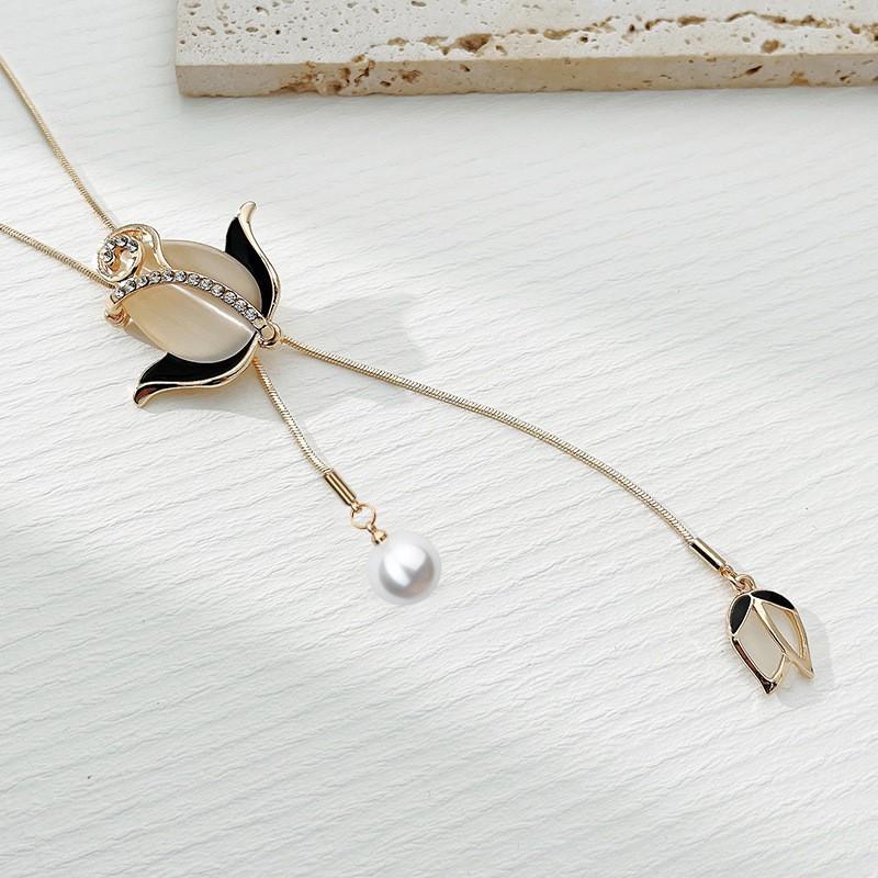 Elegant Long Pendant Necklace With Tulip Cats Eye Stone Flower Design Women Gold Or Tone Alloy Snake Chain 81cm