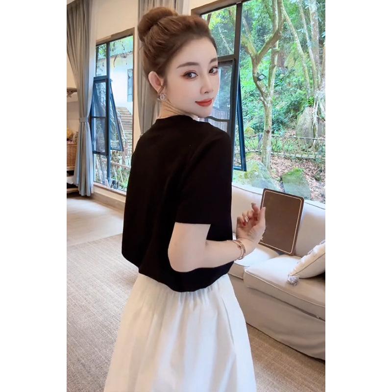 Letní dámské streetwear bavlněné s diamanty lemované mašlí střapcem slim tričko dámské topy tričko s krátkým rukávem