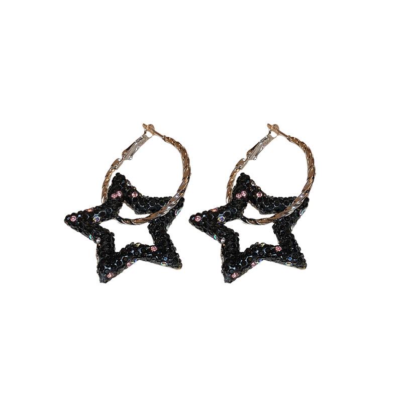 Exaggerated Dark Style Diamond Pentagram Silver Hoops - High-End Geometric Hip-Hop Earrings for Women
