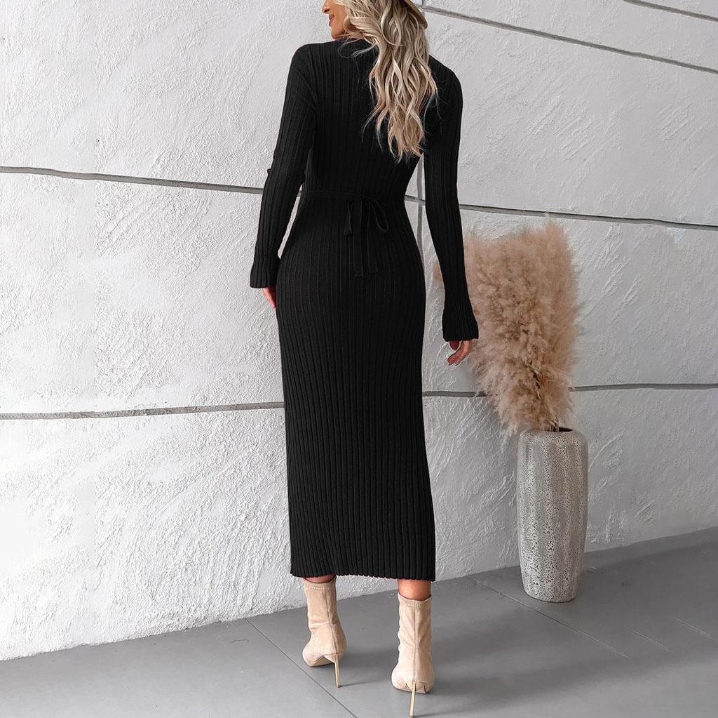 Jesienno-zimowy, leniwy wiatr, luźny sweter z dekoltem w serek, damski, długi rękaw, dzianinowa szeroka sukienka