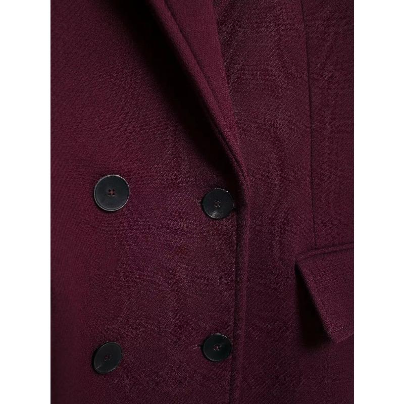 Women Fashion Burgundy Coat Double Breasted Long Sleeve Lapel Blends Jacket High Street Outerwear