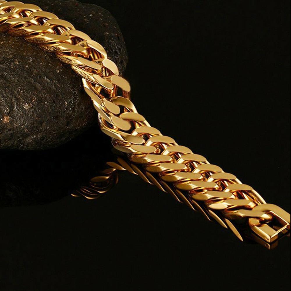Arrive 15mm Trendy Stainless Steel Gold Cuban Curb Chain Bracelet Bangle Womens Mens Biker Jewelry  Custom