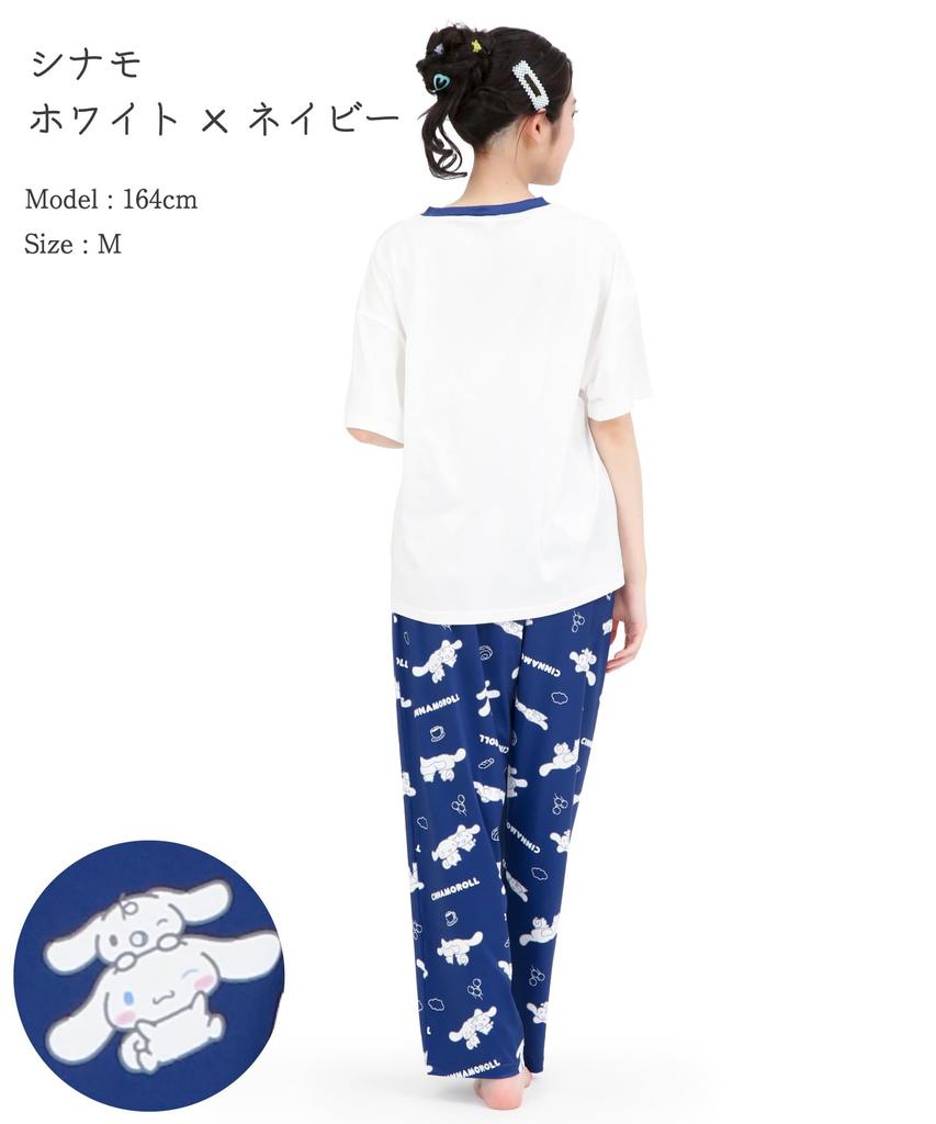 SAZAC Cinnamoroll and Milk Pajama Powder Stretch Short Sleeve and Long Pants Loungewear x Set, Fabric, Women's Set, (White Navy/L/SAN1952)