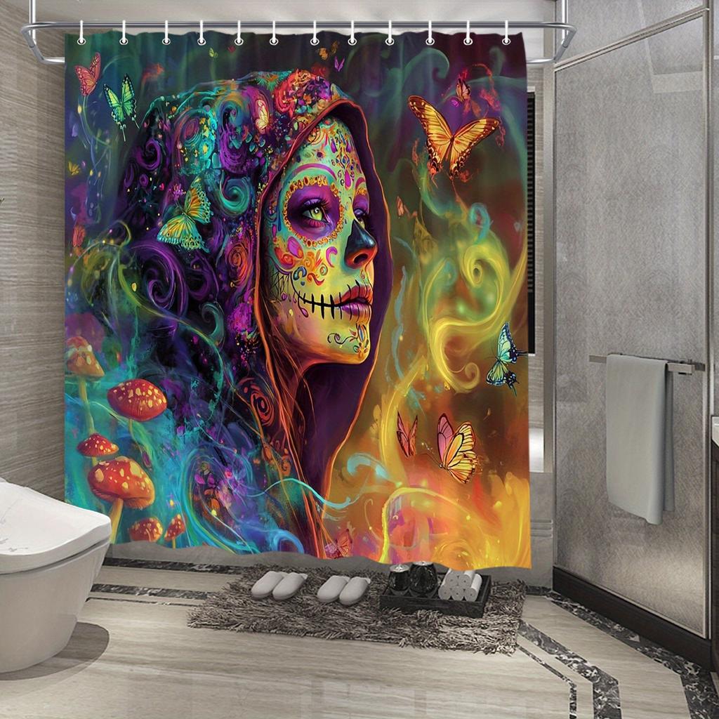 Psychedelic Sugar Skull Shower Curtain - Waterproof, Mildew-Resistant with Vibrant Artistic Design for Unique and Bold Decor