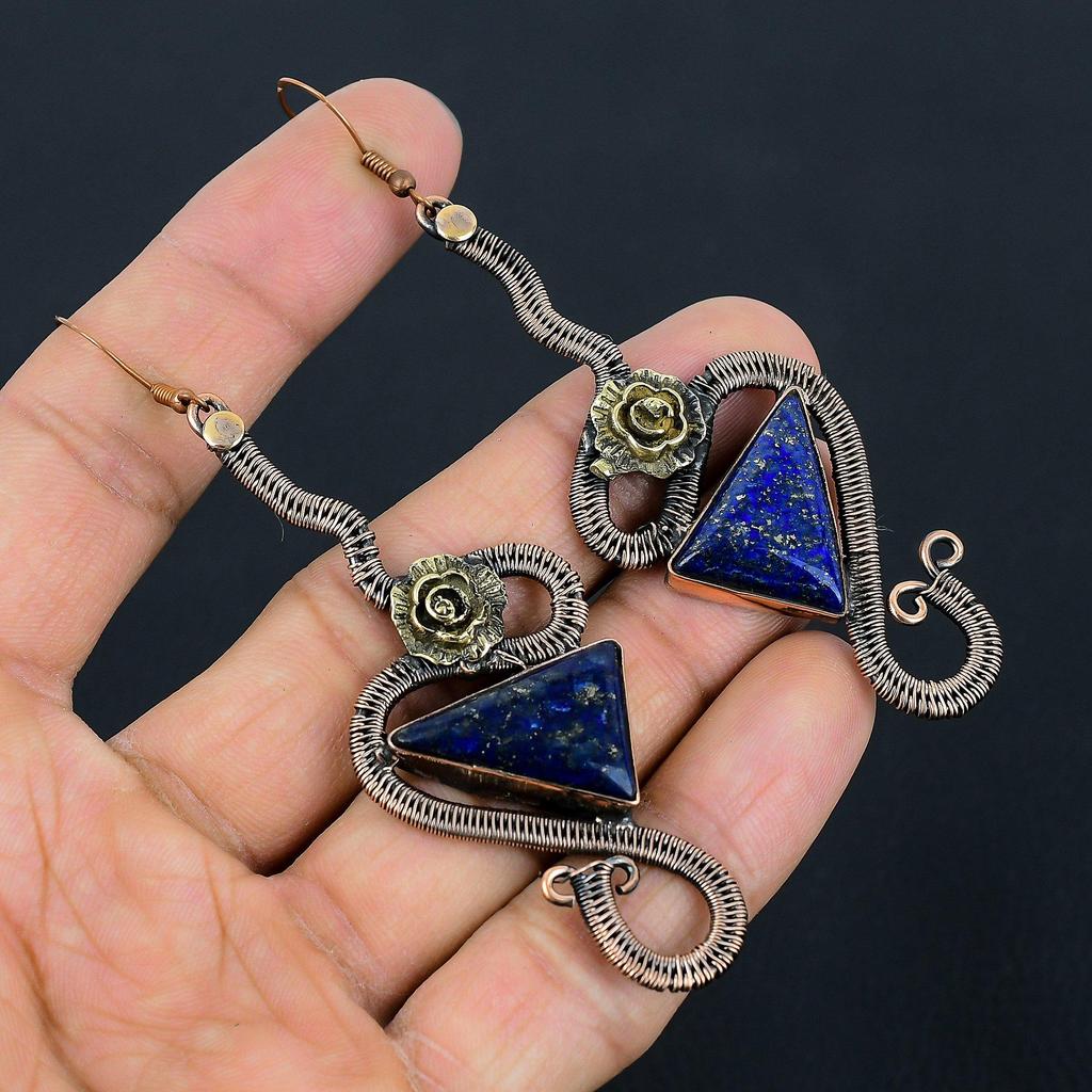 Lapis Lazuli 999 Copper Wire Wrapped Earrings, Handmade Gemstone Earrings Jewelry, Gifts For Wife Brand New Earrings