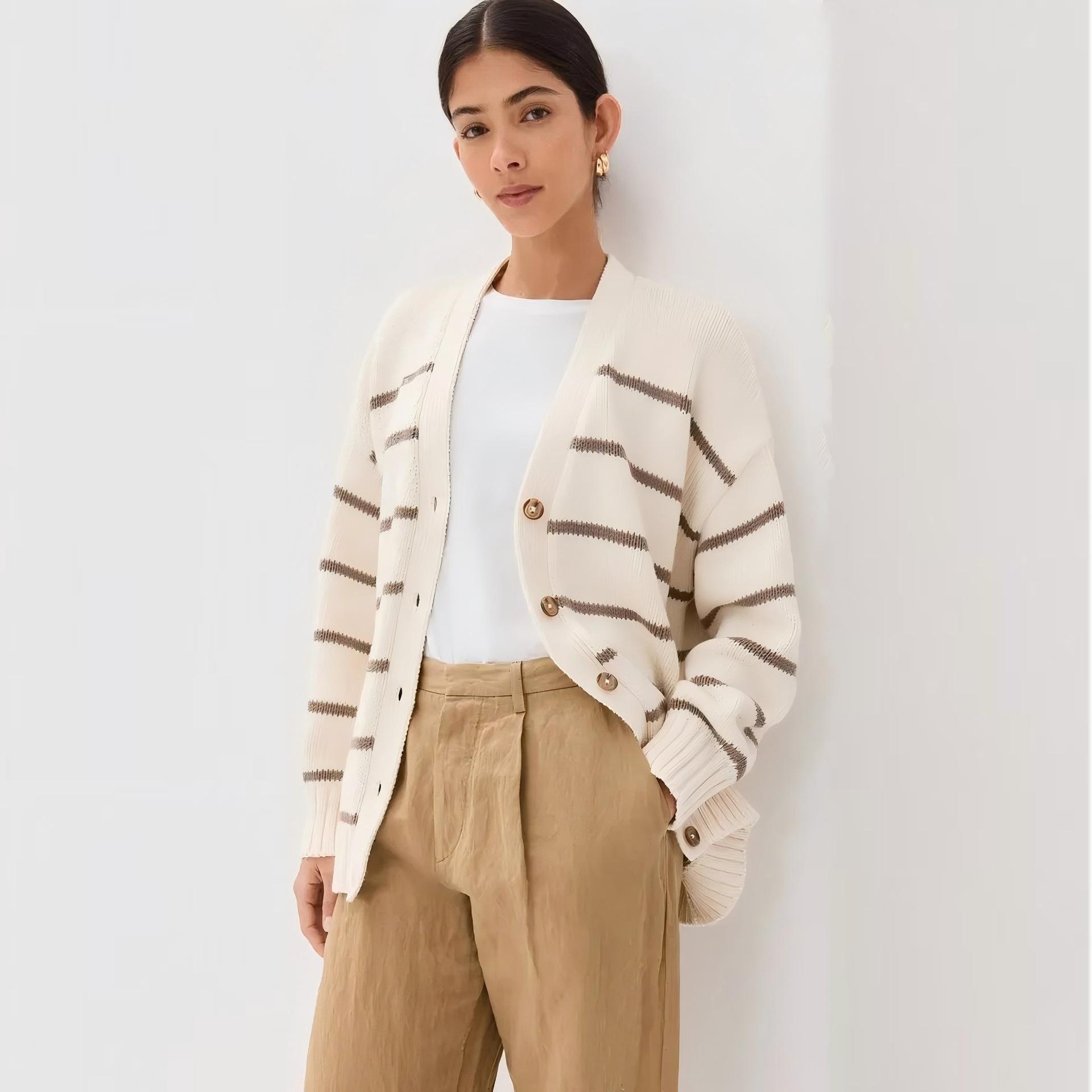 

Striped Knitted Cardigan V-neck Sweater Top S