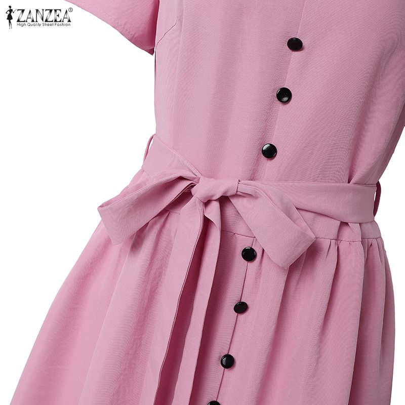 ZANZEA Rochie Casual de Vară cu Mânecă Scurtă și Gât în V pentru Femei, Culoare Solidă
