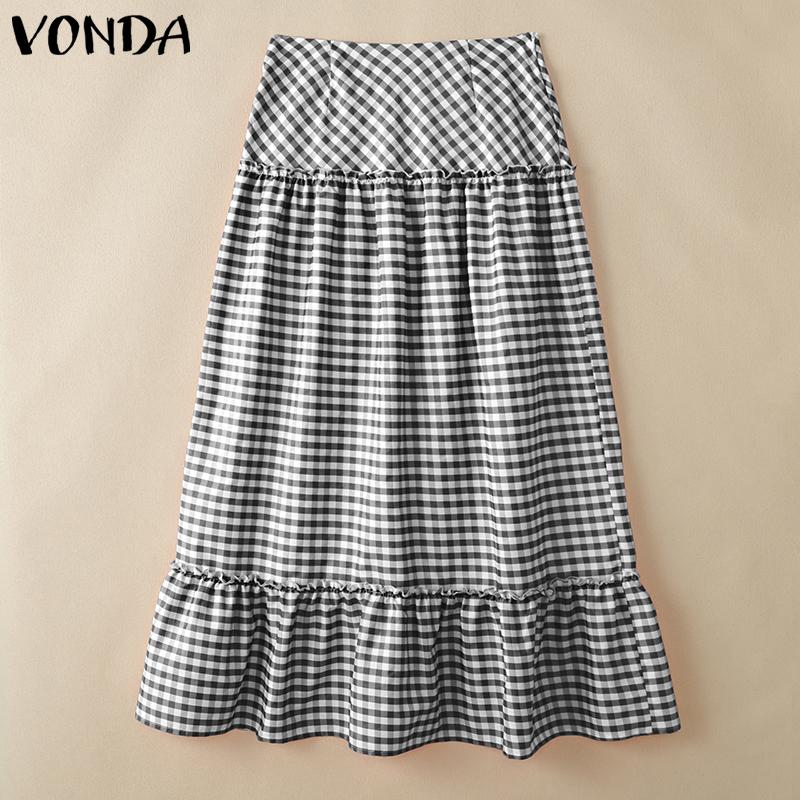 

VONDA Женские повседневные длинные юбки-солнце с высокой талией и клетчатым принтом на молнии с оборками 2XL чёрный