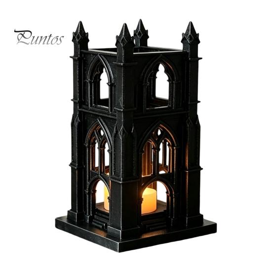 Veelzijdige Plankenstandbeeld Gotische Kathedraal LED Kaarslantaarn, Kerkvormige Vlamloze Theelichtlamp, Feestdecoratie Spookachtige Vintage Bureau Nachtlamp