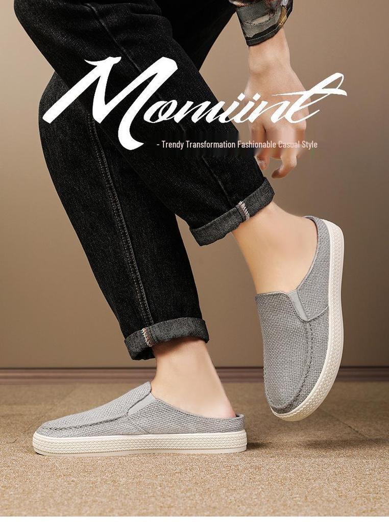 Men's Casual Cotton Linen Backless Moccasins - Solid Color Low-Top Slippers