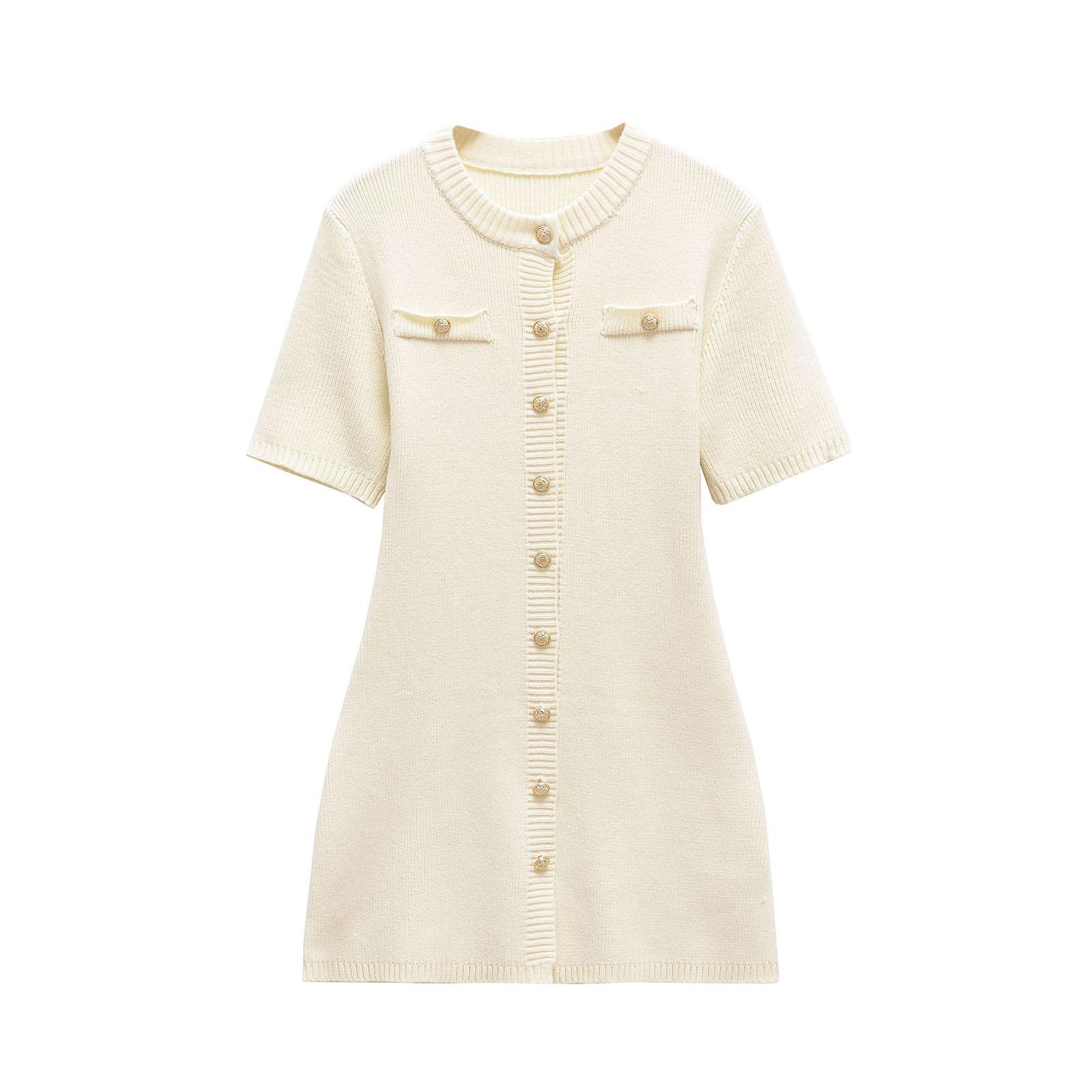 

Short Sleeve Knit Button Front Dress with Pockets S белый