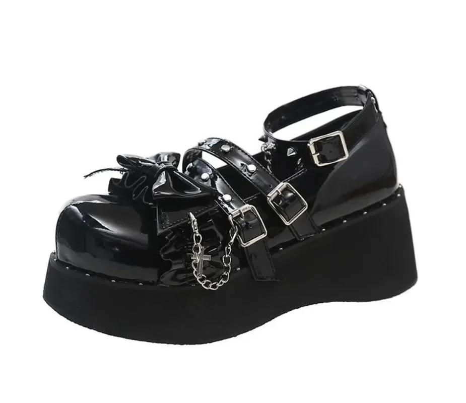 Fashion Japanese Kawaii Punk Goth Chunky Platform Pumps Women Bowtie Wedges Mary Jane Lolita Shoes Woman Heart Ankle Buckle Black Shoes