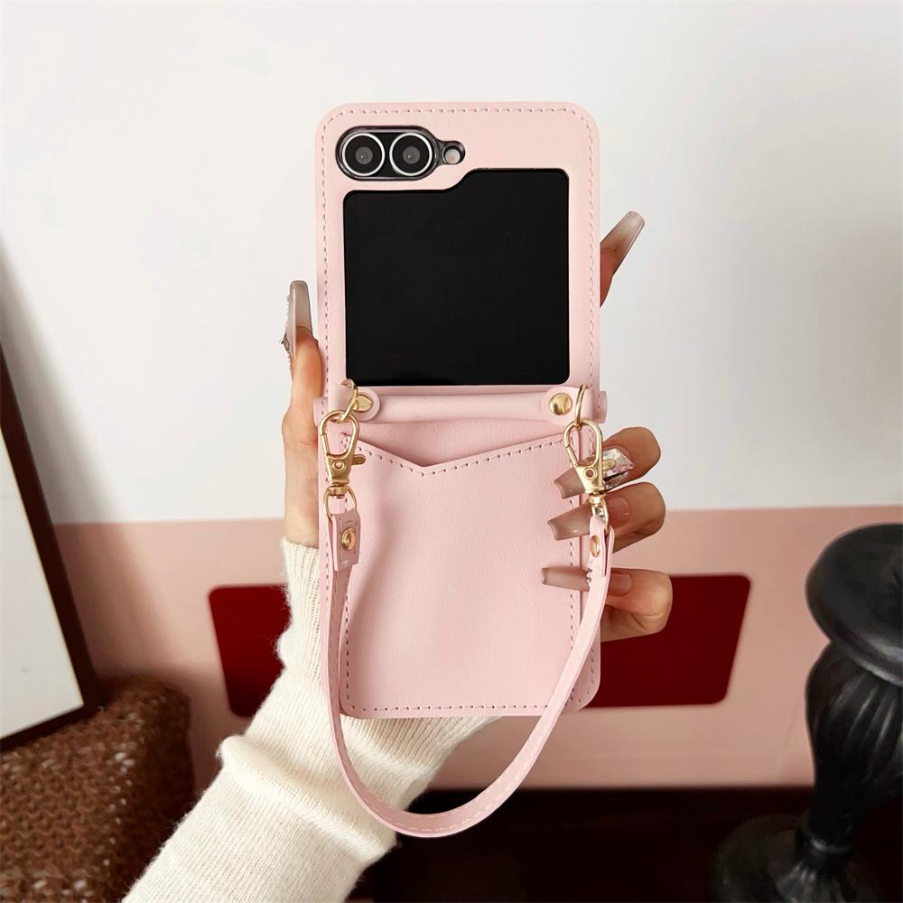 

Luxury Leather Card Holder Slot Wrist Strap Case for Samsung Galaxy Z Flip 6 5 4 3 flip6 Flip5 Wallet Lanyard Solid Color Cover Galaxy Z Flip3 5G