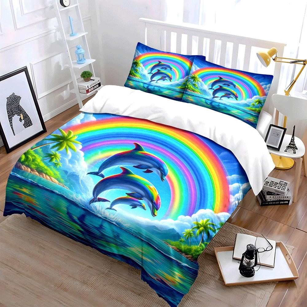 Dolphins Rainbow Tropical Island Decor Exquisite Three-Piece Bedding Set Gift For Kids And Adults