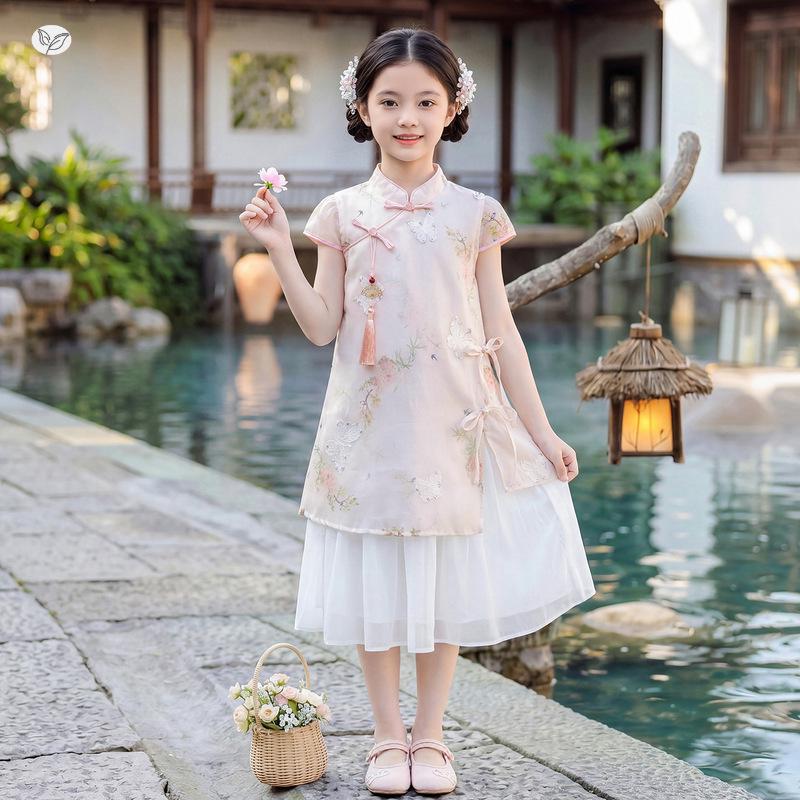 Girls' Summer Cheongsam Hanfu Princess Dress - New Chinese Style Floral Embroidery Costume