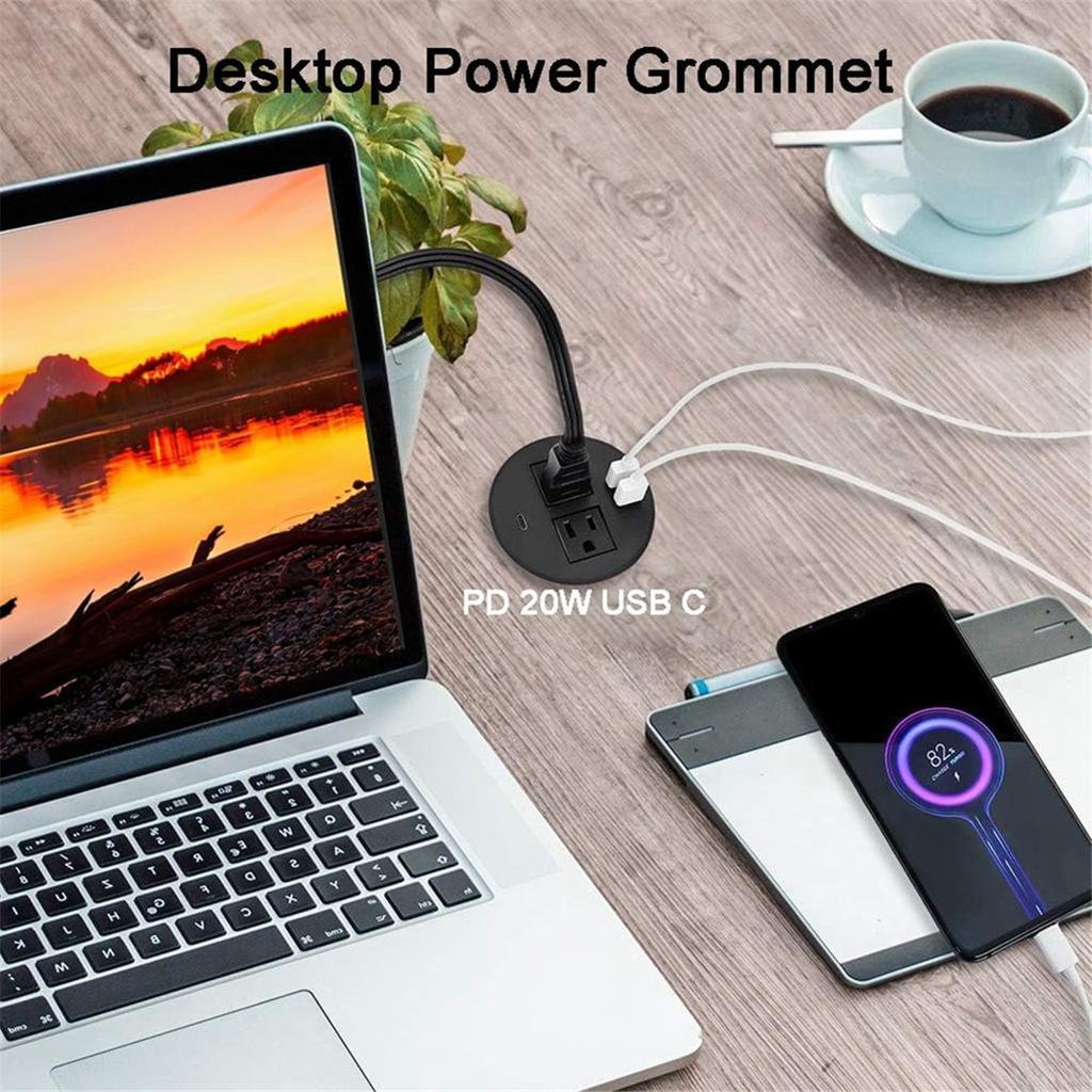 2025+Power Grommet with USB for Desktop Desktop Power Data Outlet with 2 AC Outlets and 2 USB Ports Black US Plug 2USB+1PD