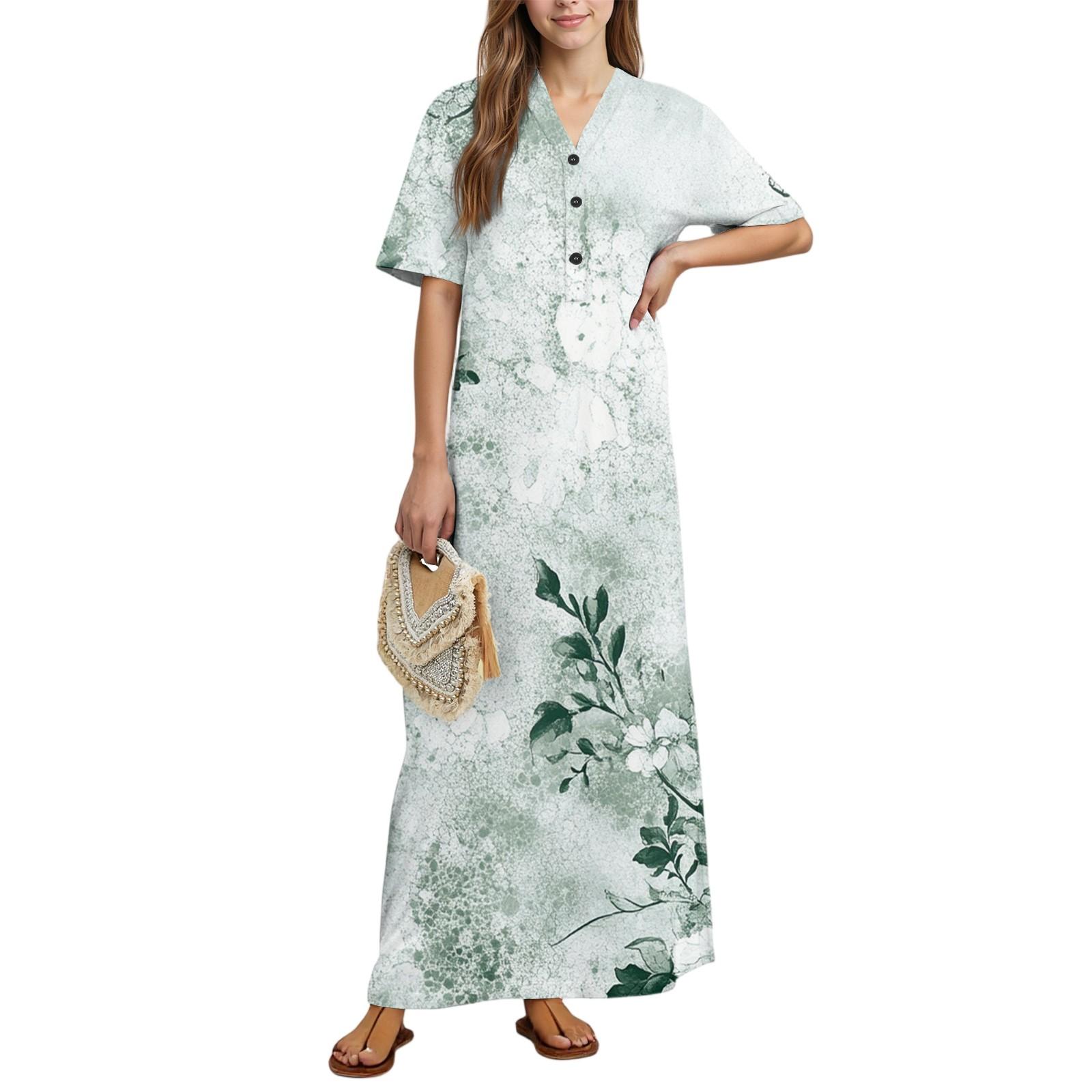 

Женская мода Принтованная ночная сорочка Домашняя одежда Ночная сорочка с коротким рукавом с карманами Длинное платье XL белый