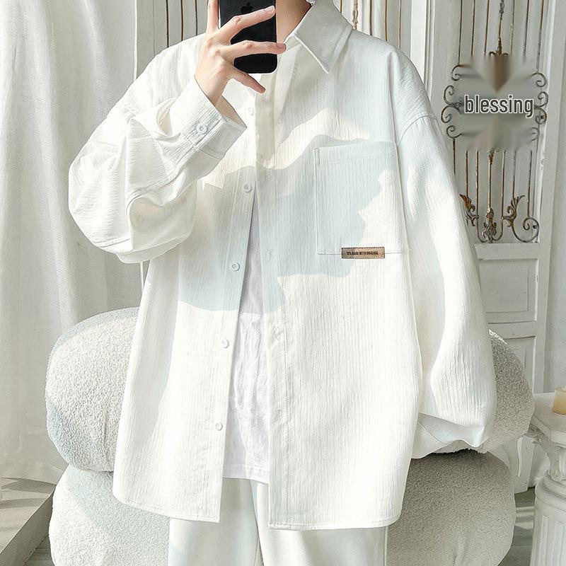 

Мужская белая рубашка с длинным рукавом - Осень 2025 Повседневная рубашка на пуговицах в гонконгском стиле для подростков и мальчиков M for 48-55 kg белый