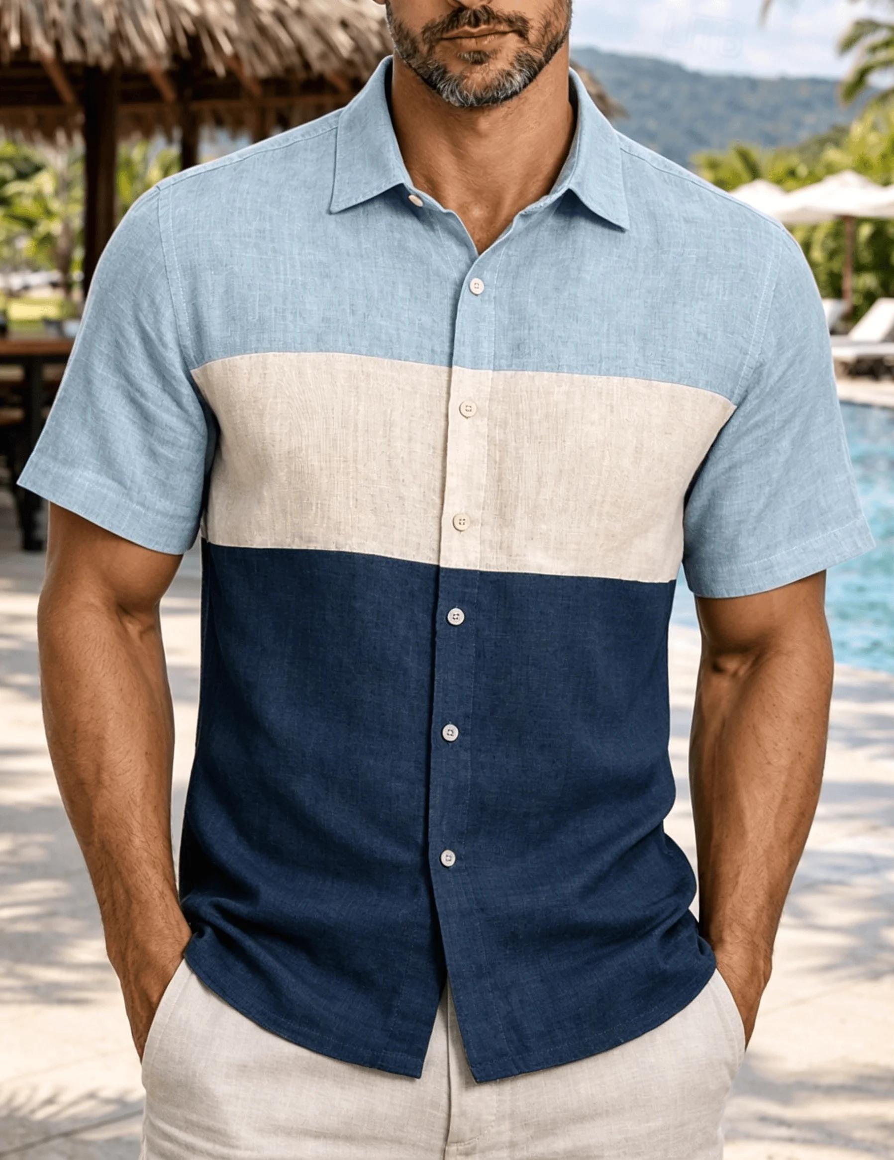 Essentiel du quotidien: chemise en lin décontractée à manches courtes, design color block élégant. 5XL white