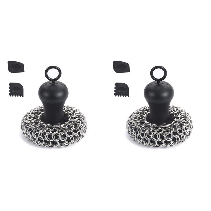 2X Cast Iron Chainmail Scrubber + Pan Scraper, Stainless Steel Skillet Cleaner, Scraper Tool For Cast Iron Pans Black чёрный