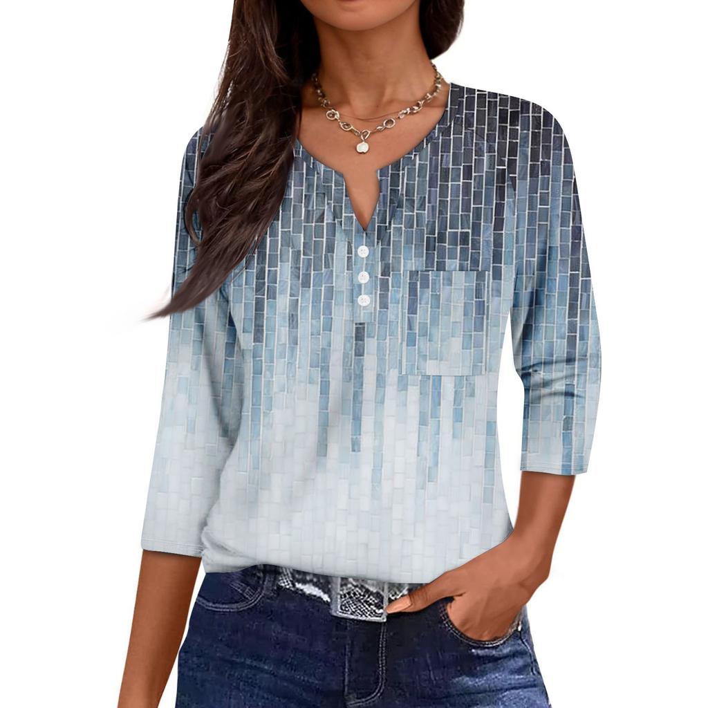 Women's Casual Fashion V-neck Loose Versatile Floral Print Three-quarter Sleeves