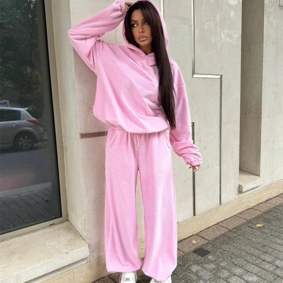 European and American casual fleece suit women's solid color long-sleeved hooded loose sweater lace-up pants two-piece set