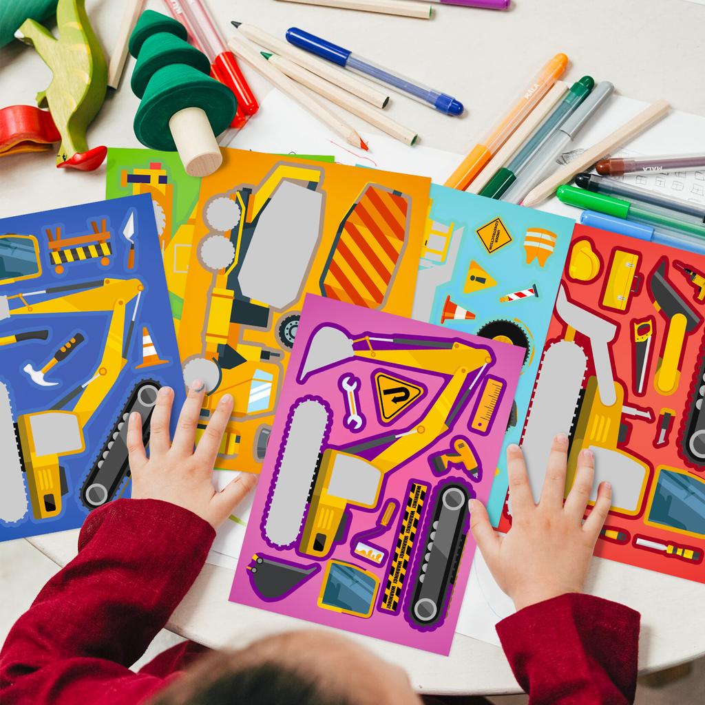 6 Blatt Kinder DIY Puzzle Aufkleberspiele 6 Ingenieurfahrzeuge Gesicht gestalten Lustig Zusammenbauen Puzzles Aufkleber Kinder Lernspielzeug