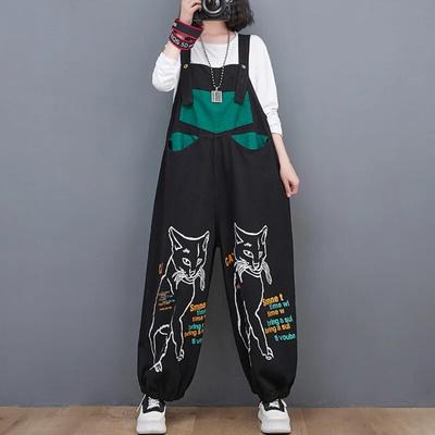 Schwarze Jumpsuits mit Cartoon-Aufdruck für Damen, lockere Vintage-Streetwear, Jumpsuits mit weitem Bein, Damen-Jeansoveralls, gespleißte Farbe
