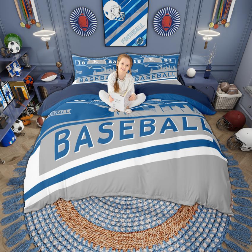 Homewish Baseball Duvet Cover Set Boys Sport Bedding Set American City Silhouette Bedroom Set Room Decor