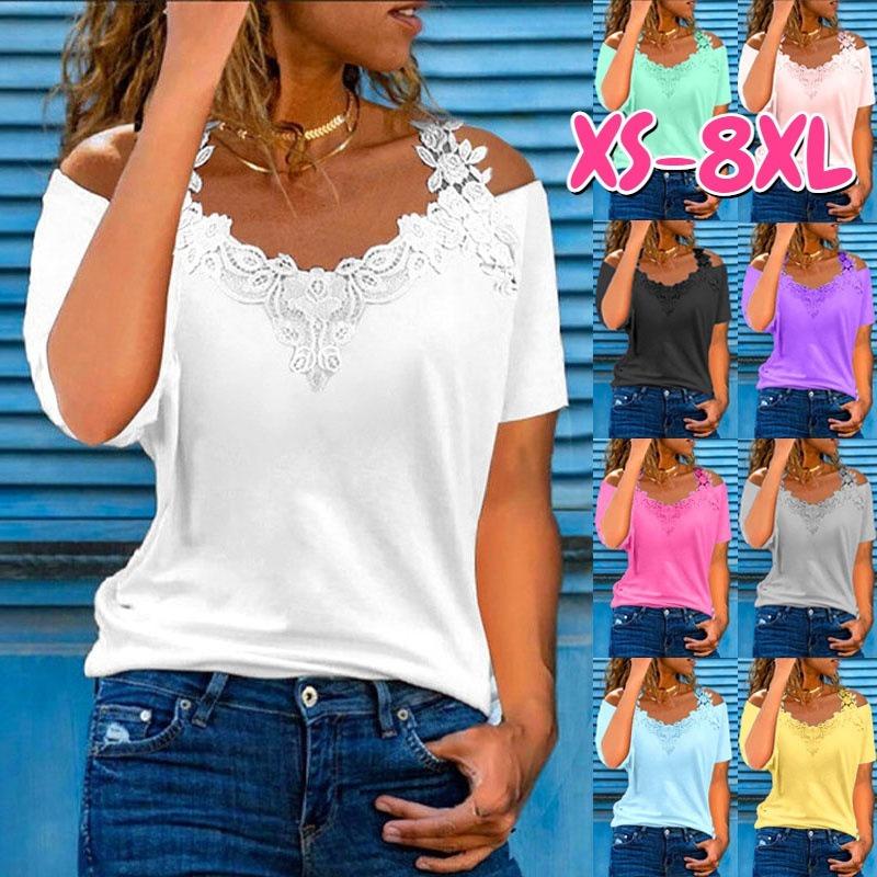 

V-neck Patchwork Short Sleeved Lace Casual Loose T-shirt for Women S