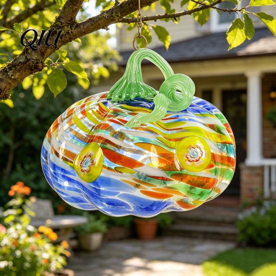 Fall Season Decoration Mini Hand Blown Glass Pumpkin Ornament, Collectible Thanksgiving Halloween Transparent Figurine Faux Crystal Hanging for Fall,