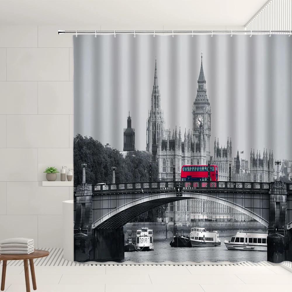 London Big Ben Rote Telefonzelle Retro Badezimmer Duschvorhang Wasserdicht Polyesterstoff Heimdekoration Kunst Badezimmer Vorhänge