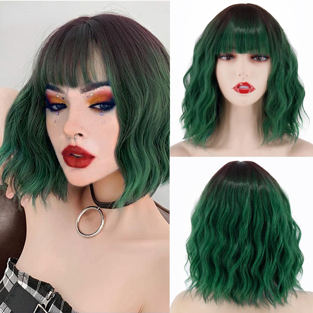 MERISIHAIR Brązowe krótkie peruki Bob Wave z grzywką Blond dla kobiet Naturalne odporne na ciepło syntetyczne peruki Codzienne noszenie Cosplay Kręcone włosy