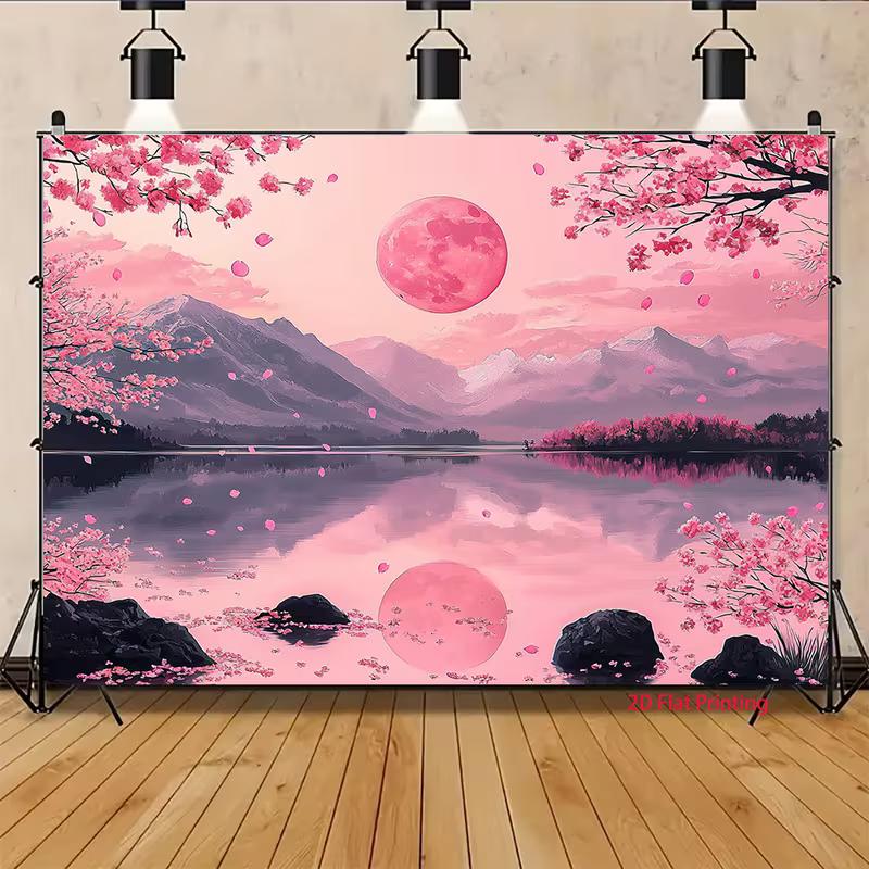 2D Japanese Sakura Mountain Reflection Photography Background