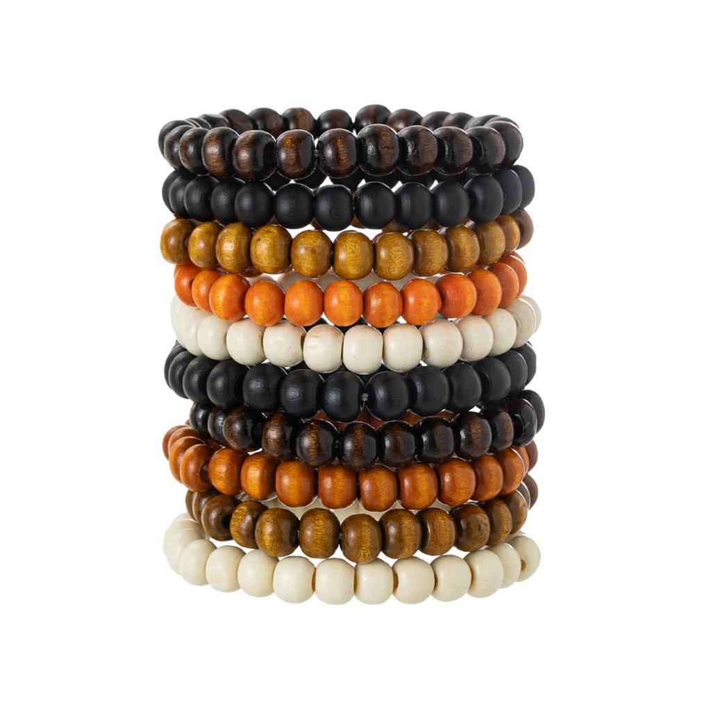 Vintage Mixed Color Wooden Bead Bracelet Set, Multi-Layer Stackable Beaded Bracelets, Boho Minimalist Hand Jewelry
