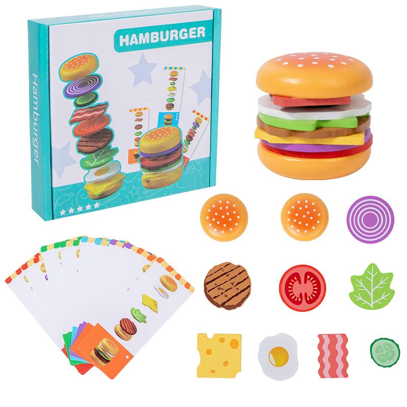 Montessori Houten Hamburger Speelgoed voor Rollenspel Educatieve Simulatie Voedsel Matching Stapelspel Met Kaarten Voor Kinderen 2 Jaar Cadeau