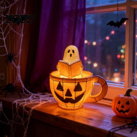 Retro Halloween Light Ghost Reading Book Lamp, Stained Glass Style Night Light, Resin Spooky Bedroom Lamp Pumpkin Bedside for Bedroom, Living