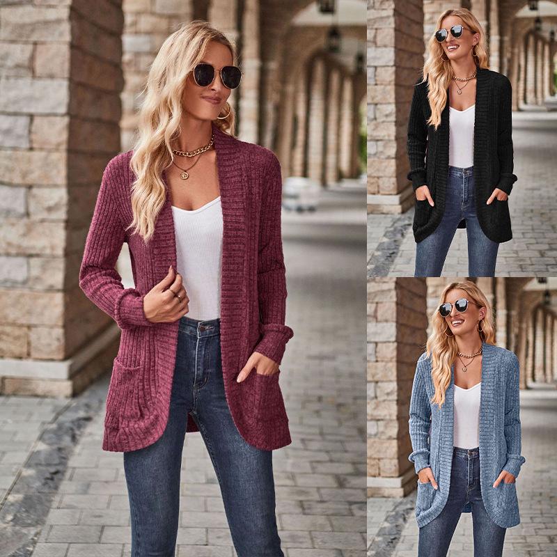 2025 Spring/Autumn Solid Color Ribbed Knit Cardigan Jacket