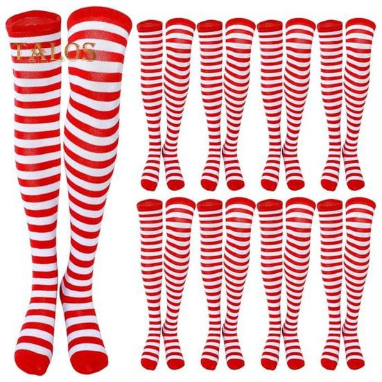 1 Pair Striped Stockings Green White Contrast Color High Elasticity Anti-slip Over Knee Length Soft Breathable Holiday Christmas Stage Performance