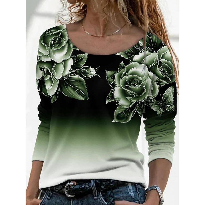 Women's Floral Print Gradient Long Sleeve Top Casual Crew Neck 3D Rose Print Tunic Shirt