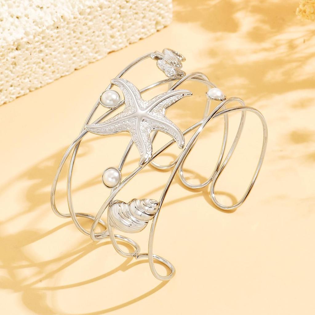 Stainless Steel Marine Seashell & Seahorse Cuff Bracelet - Beach Vacation Style