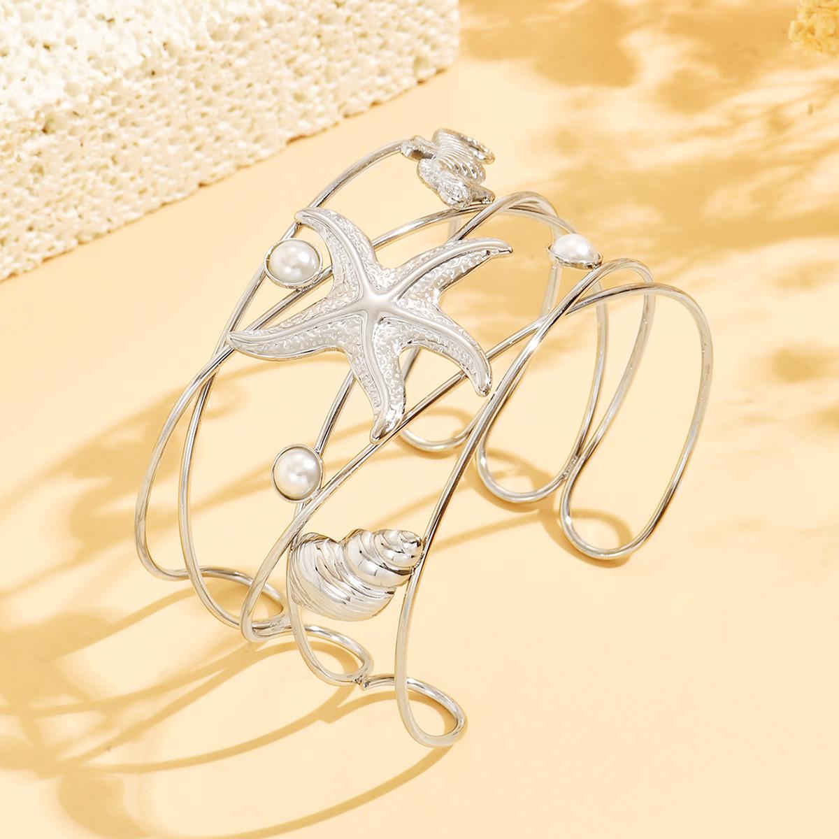 Stainless Steel Marine Seashell  Seahorse Cuff Bracelet - Beach Vacation Style